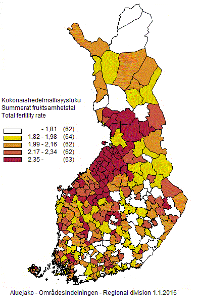 Appendix figure 4. Total fertility rate by municipality for the years 2011–2015