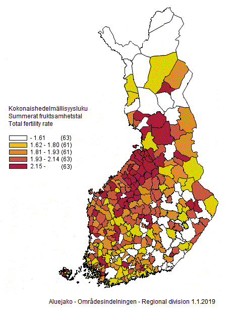 Liitekuvio 3. Kokonaishedelmällisyysluku kunnittain vuosilta 2014–2018