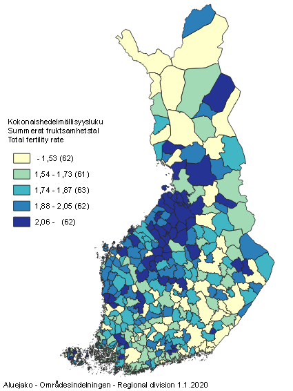 Liitekuvio 3. Kokonaishedelmllisyysluku kunnittain vuosilta 2015–2019