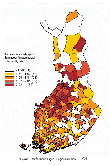 Figurbilaga 2. Summerat fruktsamhetstal kommunvis för åren 2016–2020