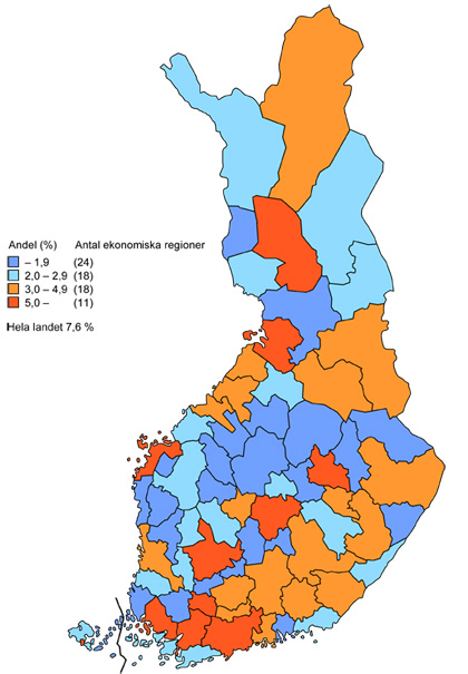 Andelen (%) arbetsplatser inom informationssektorn av alla arbetsplatser år 2008, (områdesindelningen enligt 1.1.2010)