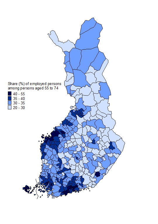 Appendix figure 1. Share of employed persons (%) among persons aged 55 to 74 by municipality in 2012 (preliminary data)