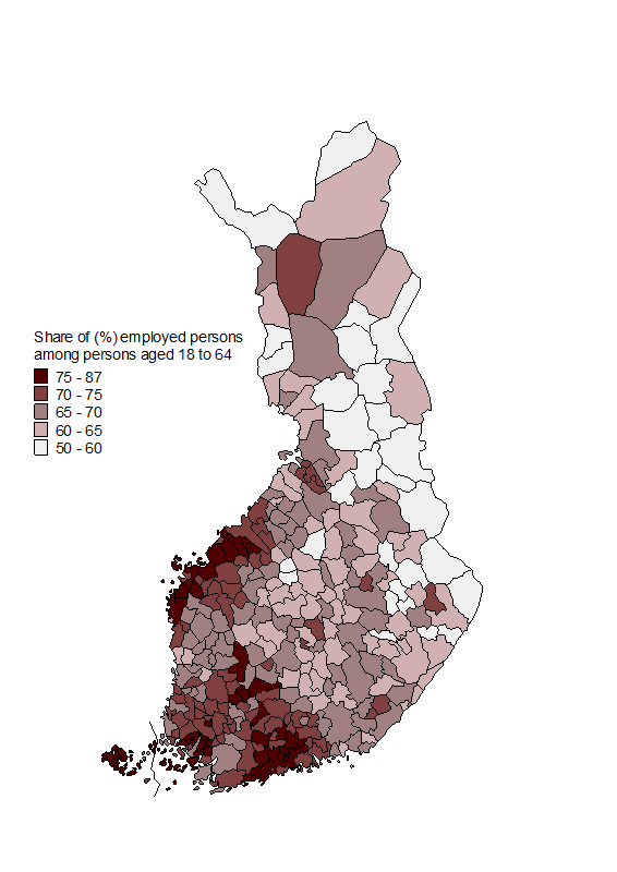 Appendix figure 2. Share of employed persons (%) among persons aged 18 to 64 by municipality in 2012 (preliminary data)