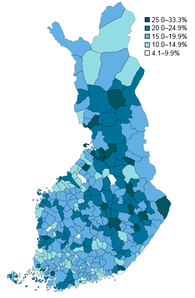 Share of jobs in human health and social work activities by municipality in 2014, %