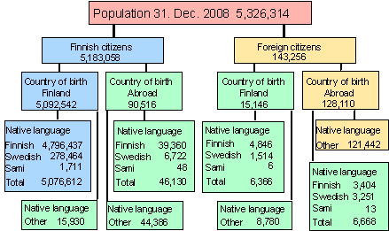 Country of birth, citizenship and mother tongue of the population 31.12.2008