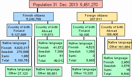 Appendix figure 4. Country of birth, citizenship and mother tongue of the population 31.12.2013