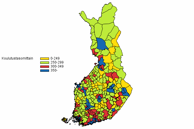 Liitekuvio 4. 20 vuotta täyttäneen väestön koulutustaso kunnittain 2013 (kartta)