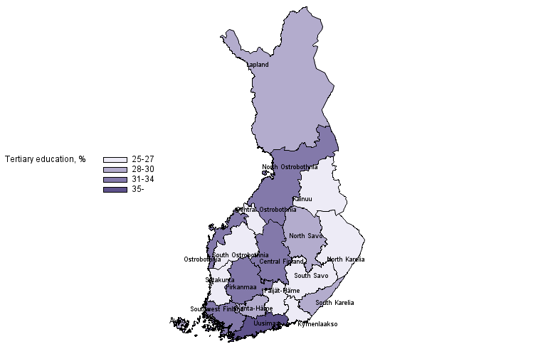 Population with tertiary level qualifications, %, 2020