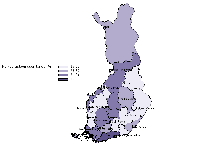 Korkea–asteen tutkinnon suorittanut väestö, %, 2020