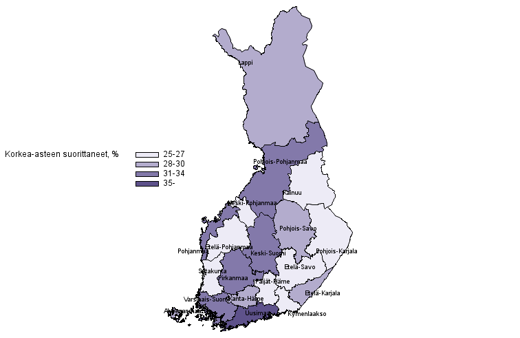 Korkea–asteen tutkinnon suorittanut vest, %, 2020